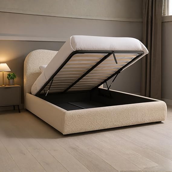 J&S BEDS Double Ottoman Bed Teddy Boucle 4FT6 Gas Lift Storage, Boucle Ottoman Bed Double 101cm Curved Headboard Double Bed Frame With Storage (Ivory)