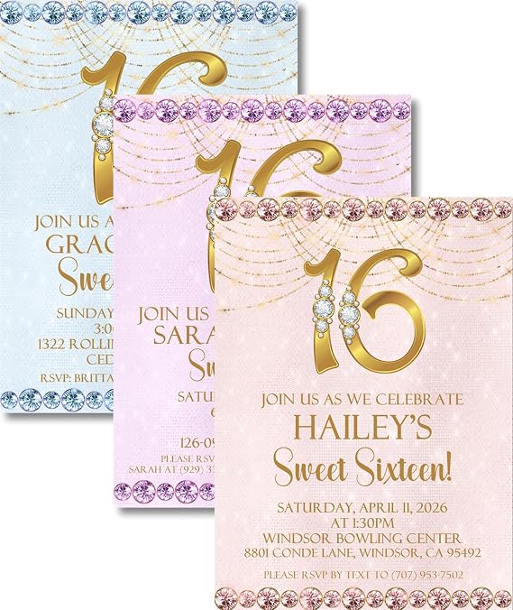 Pink Blue Purple Sweet 16 Birthday Invitations, Personalized, Set of 12