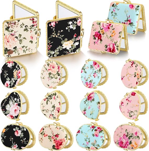 Blulu 16 Pcs Compact Mirrors for Purse Bulk Floral Gifts, Gold Edge