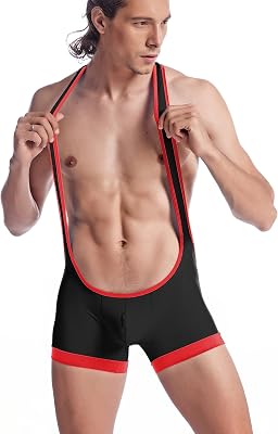 ONEFIT Mens Suspender Boxer Wrestling Singlet Bulge Leather Like Bodysuit Pants,Black L