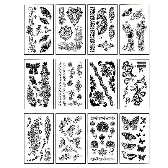 12 Sheets Temporary Self Adhesive Transfer Arabic Arabian Tattoo Tattoos Stickers Black Waterproof Sticker Islamic Muslim Islam Body Henna Word Ramadan Eid Stencils Stencil Temples Body Art Designs