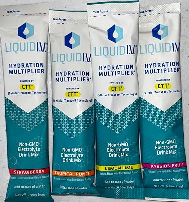 Electrolyte Drink Hydration Multiplier Variety Pack - Passion Fruit, Strawberry, Lemon Lime, Tropical Punch, Liquid IV Variety Pack - Hydration Powder Packets | Electrolyte Drink Mix | Easy Open Single-Serving Sticks | Non-GMO 4 Count Assortment