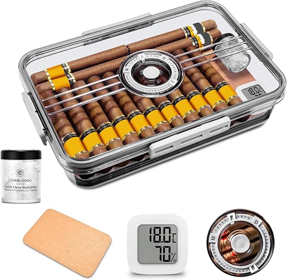 Cigar Humidor Large Accommodate 20-30 Cigars, Built-in Cedar Wood Lining with High Precision Hygrometer and Humidifier Transparent Acrylic Cigar Storage Box (S)