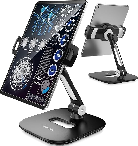 AboveTEK Tablet Stand Holder, Stylish Aluminum iPad Stands, Foldable 360 Swivel Table Stand Holder fits 4-11" Tablets/Smartphones for Kitchen Bedside Office POS Showroom Reception (Black)