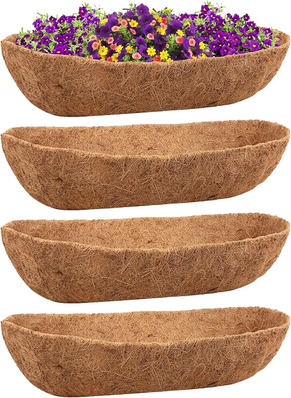 Riare 4 Pack 36 Inch Trough Coco Liners for Planters, Window Box Liners | 100% Natural Coconut Liners Replacement, Breathable Pre-Formed Planter Box Liner for Wall, Deck, Patio, Railing Planters