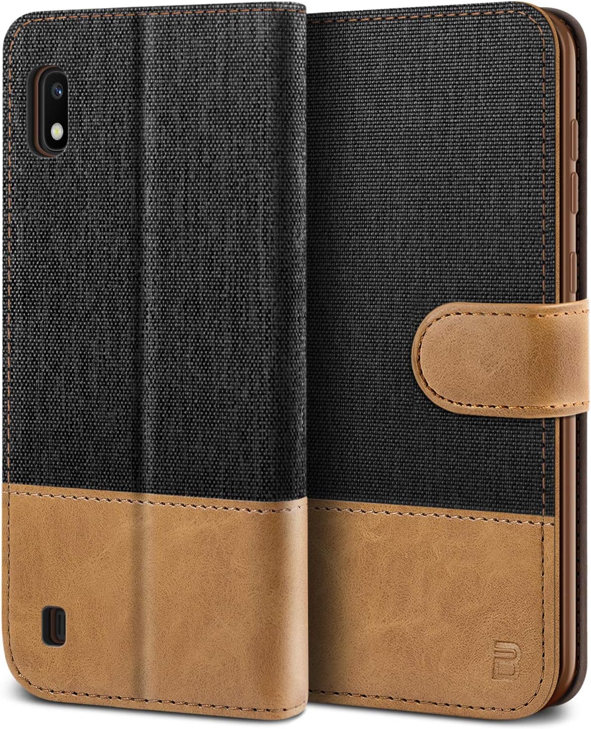 BEZ Samsung A10 Case, Samsung Galaxy A10 Phone Case Compatible for Samsung Galaxy A10, Wallet Cover [Canvas Faux Leather] with Credit Card Holders, Kick Stand, Magnetic Strap Closure, Black