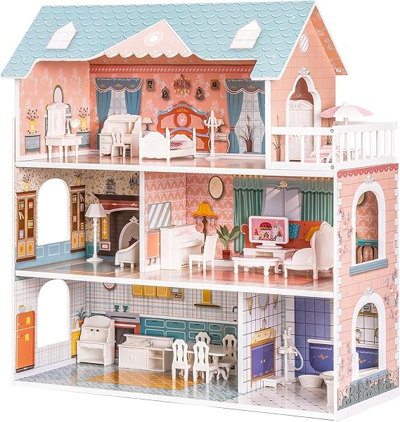 ROBUD Wooden Dollhouse with Furniture Blue for Girls 3-6