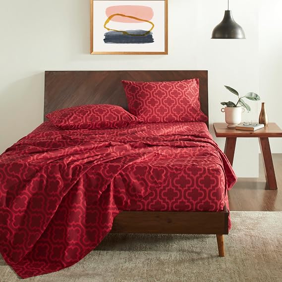 Superior Flannel Brushed Cotton Trellis Bed Sheet Set, Soft, Warm Bedding, Modern Geometric Sheets, Bedroom Decor, 1 Flat Sheet, 1 Elastic Deep Pocket Fitted Sheet, 2 Pillowcases, Full, Burgundy
