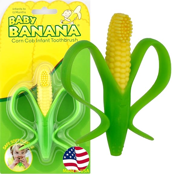 Baby Banana Corn Cob Toothbrush Teether, Infant to Toddler, Butter-Soft Silicone, USA, No Micro-Plastics or Latex Rubber, Sensory Toy, Bendable, Family-Owned Business Since 2009.