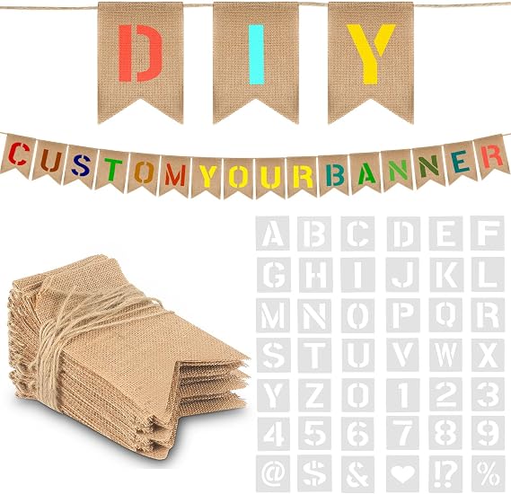 DIY Banner Kit with 48 Flags and 42 pcs Number Letter Stencils - Create Customized Personalized Burlap Banner