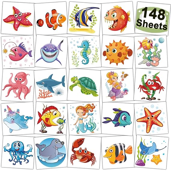 CHARLENT 148 Sheets Ocean Animals Temporary Tattoos for Kids | Sea Creature Tattoos for Boys Girls Ocean Birthday Party Favors Goodie Bag Fillers Classroom Rewards