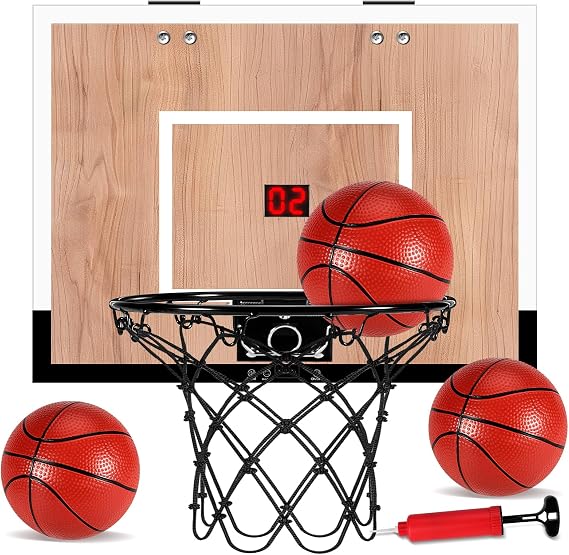 NZQXJXZ Indoor Basketball Hoop for Kids, Mini Basketball Hoops Over The Door and Wall Mount with Wooden Backboard, 3 Balls and Pump, Idea Toys Gifts for Kids and Adult,Score Version