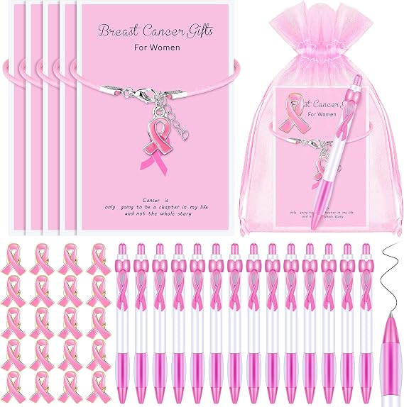 192 Pcs Breast Cancer Awareness Item Pink Ribbon Bracelets, Pens & Pins Set