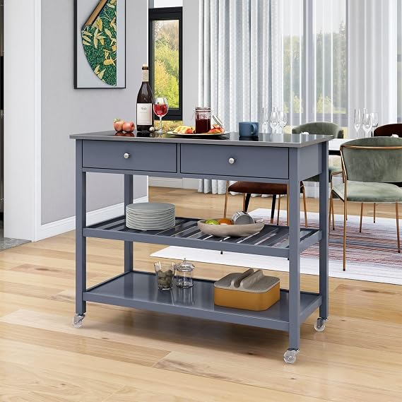Kitchen Island with Storage & Carts On Wheels W/Stainless Steel Top,Lockable Wheels,43" W 3-Tier Utility Kitchen Cart Bamboo Wood Frame (Blue)