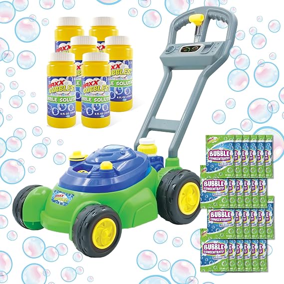 Bubble N Go Lawn Bubble Mower for Toddlers, Bubble Blowing Machines, Indoor/Outdoor Gardening Toy, Birthday Party, No Batteries Required, Includes 24oz Bubble Solution and 24 Refill Packs, Ages 2+