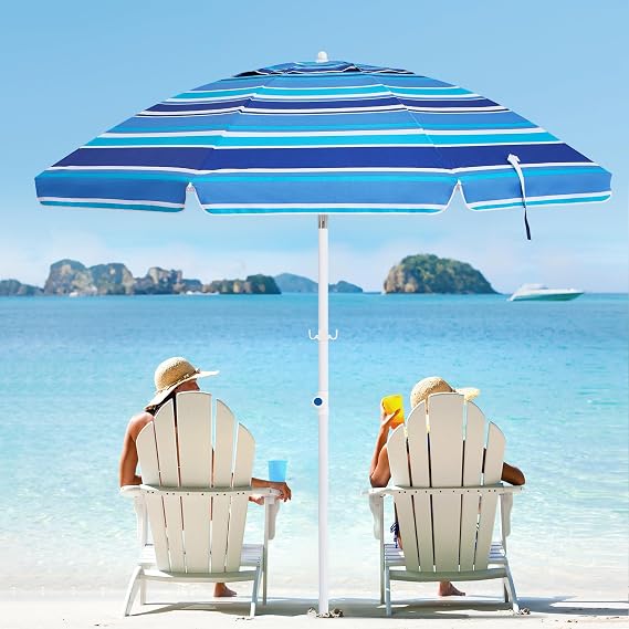 MEWAY 7.5 ft Beach Umbrella with Sand Anchor & Tilt Mechanism, Portable UV 50+ Protection, Outdoor Sunshade Umbrella with Carry Bag, for Sand Beach Outdoor(Green stripes)