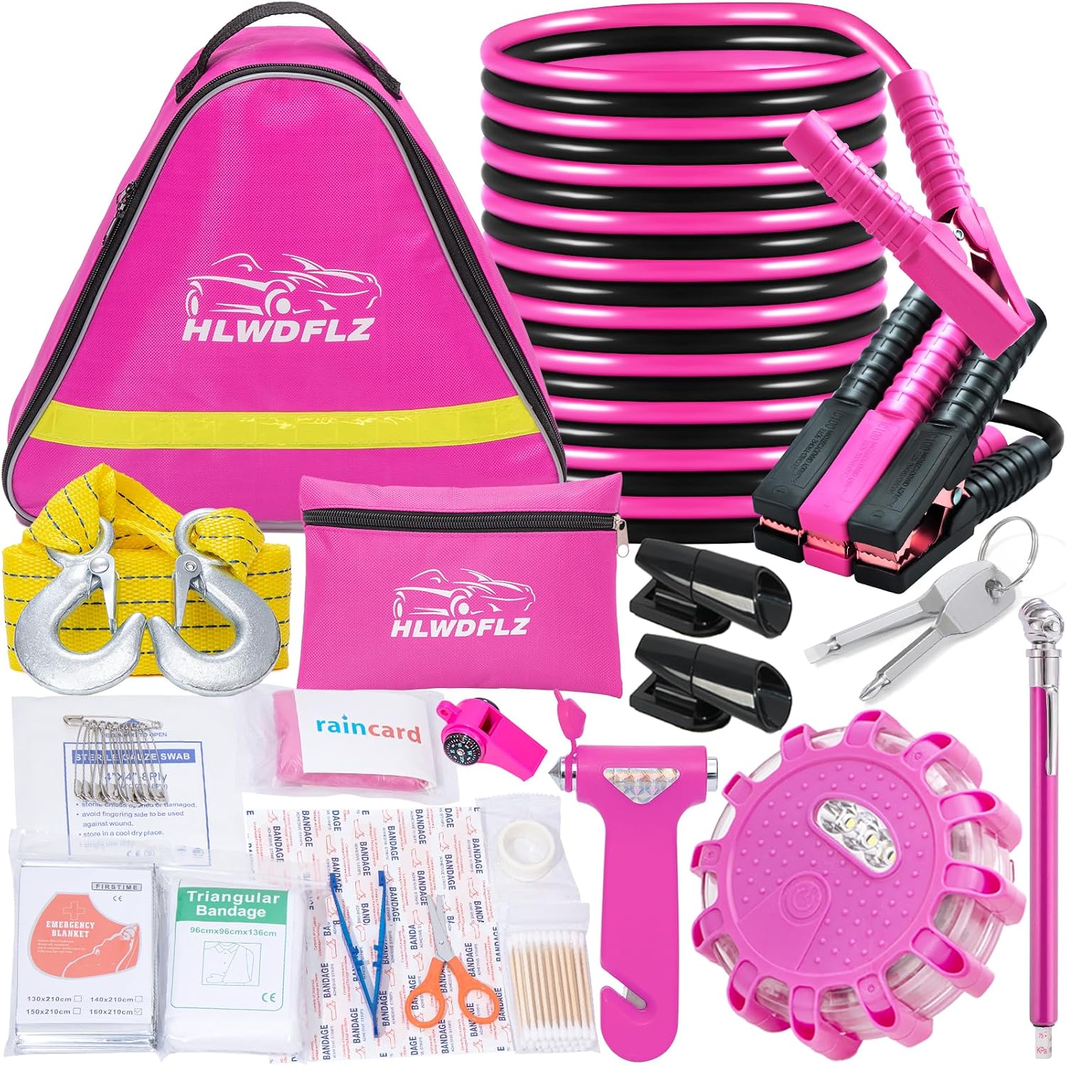 Pink Roadside Assistance Kit with Jumper Cable, Tow Rope, LED Road Flare, Deer Whistles and More Women Emergency Safety Tool Kit
