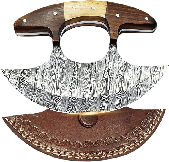 SHARDBLADE Alaskan Ulu Knife with Sheath, Handmade Forged 6" Damascus Steel Pizza Cutter Rocker Knife with Non-Slip Wooden Handle, Premium Food Salad Chopper Knife, Traditional Inuit Eskimo Ulu Copper