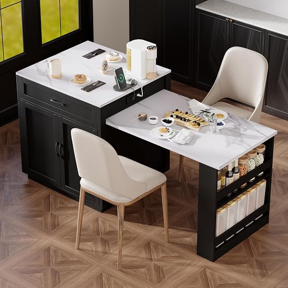 83 inch Kitchen Island with Extendable Dining Table for 4-6 Person, Faux Marble Table with Storage, Power Outlet, Kitchen Island with Storage, 2 Drawers and 2 Side Open Shelves, Black