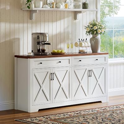 Lyromix 61 Farmhouse Sideboard Buffet Cabinet with Storage, Large Kitchen Storage Cabinet with Barn Doors Drawers, Brown Coffee Bar Table for Dining Room Kitchen
