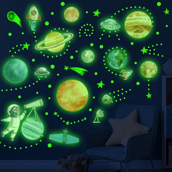 Watercolor Solar System Wall Decals, Glow in The Dark Stars, Kids Planets Sticker for Ceiling, Astronaut Wall Stickers for Bedroom, Green