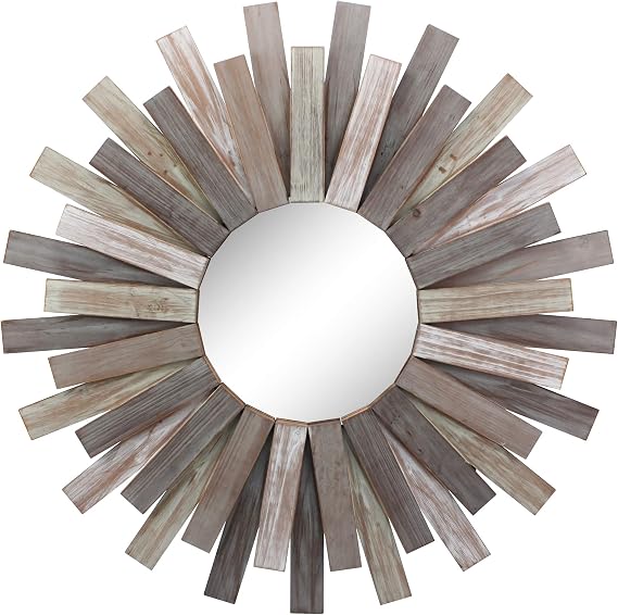 Stonebriar Large Round 32" Wooden Sunburst Wall Mirror with Attached Hanging Bracket, Decorative Rustic Decor for the Living Room, Bathroom, Bedroom, and Entryway, Multi Color