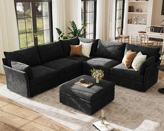 ABCASA Oversized Modular Sectional Sofa Black, L-Shaped Convertible Couch with Movable Ottoman, Large 6-Seater Corner Couches for Living Room Deep Seat Chenille