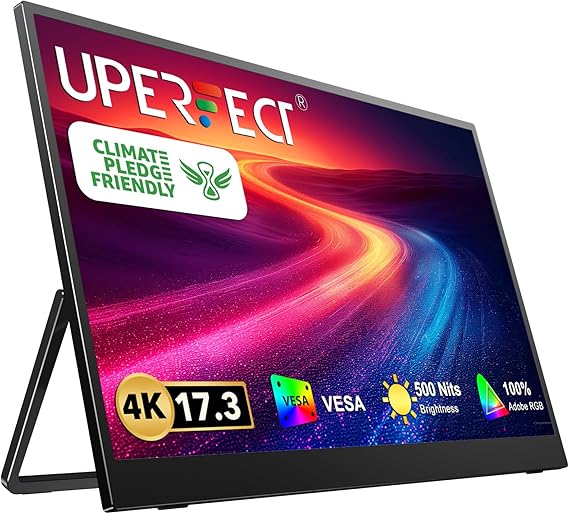 UPERFECT 17.3'' 4K Portable Monitor, 500 Nits 100% AdobeRGB UHD FreeSync HDR IPS 2 Speakers Eye Care Travel Monitor, 2 Fully Functional Type-C Port & HDMI for Laptop PC Phone, VESA & Stand