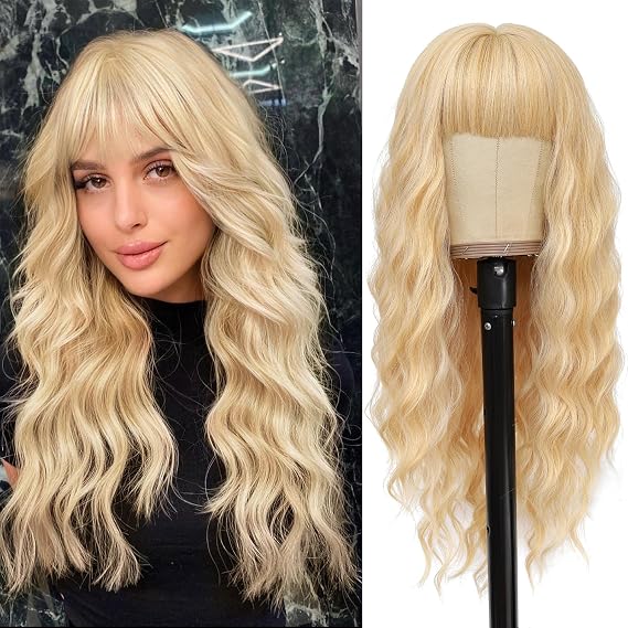 NAYOO Blonde Wigs with Bangs Long Wavy Wigs for Women 24 Inches Synthetic Heat Resistant Wig Natural Looking Realistic Wigs for Daily Party Use/Halloween Use(Blonde,24 Inch)