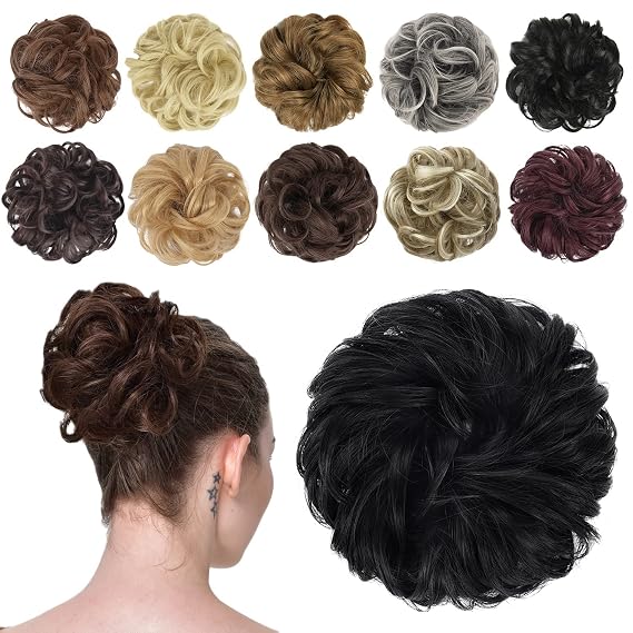 FESHFEN Messy Bun Hair Piece - Wavy Synthetic Chignon Scrunchies for Instant Volume, Elastic Ponytail Bun Hair Extensions Thick Hairpieces for Women, Black 1.50 oz