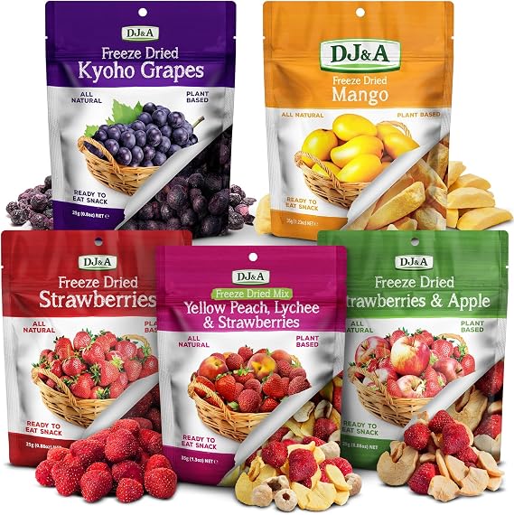 DJ&A All Natural Freeze Dried Fruit Variety Pack, 5 Flavors - Mango, Kyoho Grapes, Strawberries, Mixed Peach Lychee Strawberries, Apple Strawberry Mix, Plant Based Ready-to-Eat Snacks