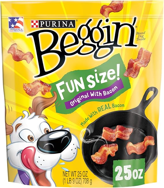 Purina Beggin' Fun Size Dog Treats, Original with Bacon, 25 oz Pouch | Big bacony flavor in a soft, easy-to-chew texture, with real meat as the first ingredient and no artificial flavors