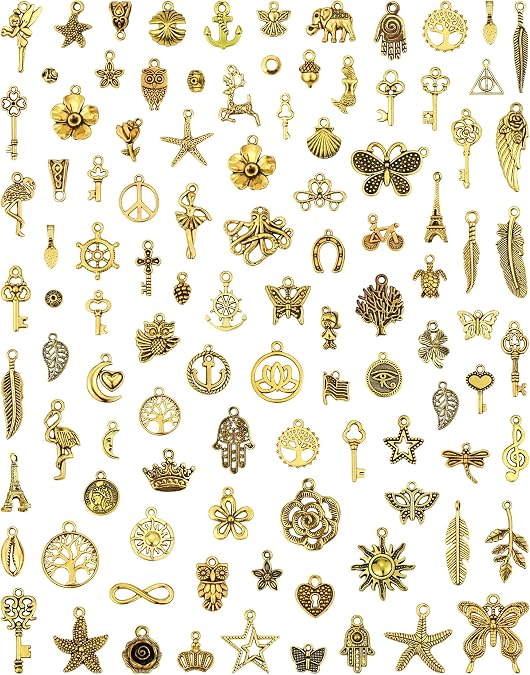JIALEEY 100Pcs Wholesale Bulk Lots Gold Charm Mixed Tibetan Antique Golden Pendants DIY for Bracelet Necklace Jewelry Making and Crafting