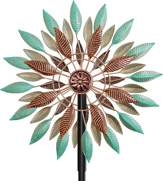 360° Wind Spinners Outdoor, Garden Wind Spinner Sculptures Windmill with Base Stand, Metal Kinetic Pinwheels for Lawn Patio Yard Art Outdoor Decor (Green+Brown)