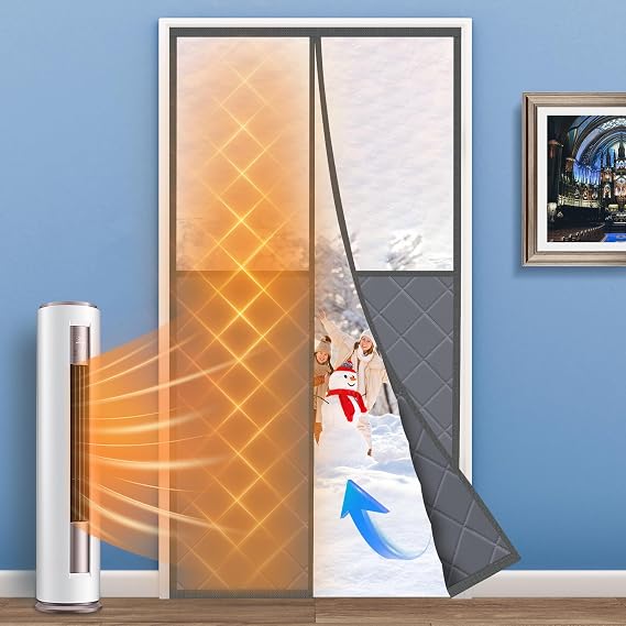 Magnetic Thermal Insulated Door Curtain, Fits Door Size 36" x 80", Center Opening, Durable Oxford Cloth&Thicken Polyester Fiber, Weighted Bottom,Temporary Door Thermal Curtains