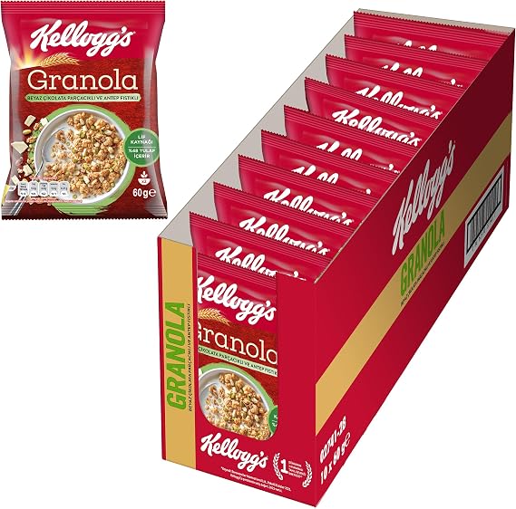 Kellogg's Granola White Chocolate & Pistachio 60 Gr x10 Pieces contains 46% Oats, Fiber Source, Contains Antioxidants, Crispy for Breakfast, Muesli, Snack