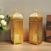 JHY DESIGN Set of 2 Moroccan Lantern 31.5cm High Metal Decorative Candle Lantern Hanging Lantern for Home, Living Room, Garden, Yard, Party, Events, Tabletop, Indoor (Gold)
