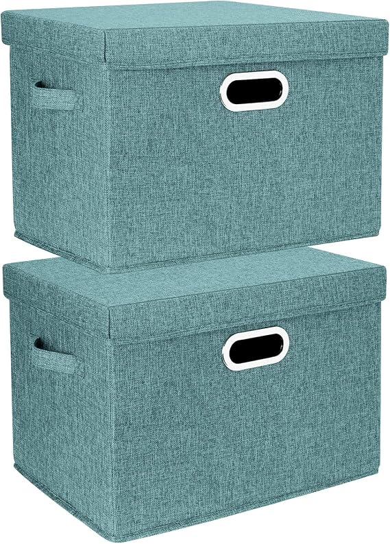 TYEERS Large Storage Box with Lid, Collapsible, Washable, Fabric Storage Box for Clothes, Wardrobe Storage, 44x30x29 cm, Set of 2, Aqua Deep