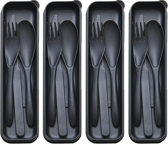Reusable Travel Utensils Set with Case, 4 Sets Wheat Straw Portable Plastic Fork Spoons Knife Cutlery, Camping Eco-Friendly BPA Free Tableware for Kids Adults Work Picnic or Daily Use (Black)