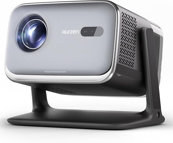 Aurzen BOOM mini Google TV 4K Supported Smart Projector with WiFi and Bluetooth, Outdoor & Home Movie Projector with 20W Speakers DoIby Audio, Real-Time Focus & Keystone, 500 ANSI Lumens, Metallic