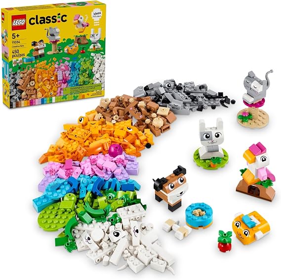 LEGO Classic Creative Pets, Building Brick Animals Toy, Kids Build a Dog, Cat, Rabbit, Hamster and Bird, Gift for Animal-Loving Boys and Girls Aged 5 and Up, Great Build Together Toy, 11034