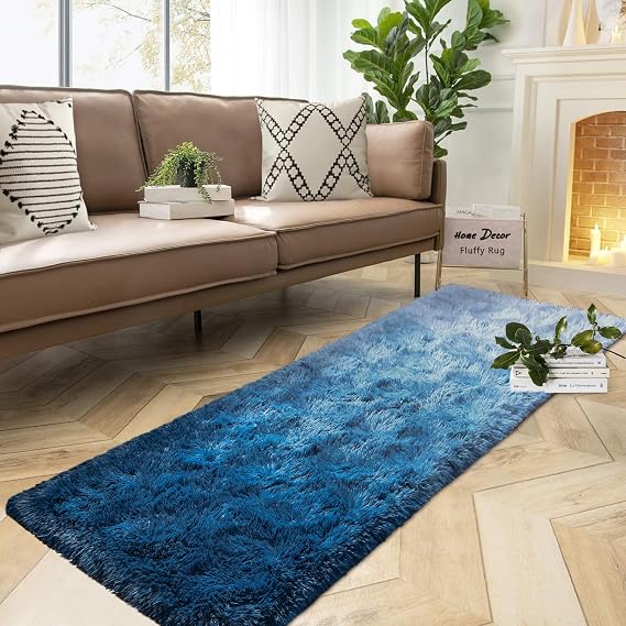 DweIke Luxury Shaggy Runner Rugs for Bedroom, 2x6 Feet Fluffy Runners Carpet for Girls Boys Kids, Non-Slip Extra Comfy Plush Bed Beside Rug for Living Room Nursery Home Decor, Gradient Navy Blue