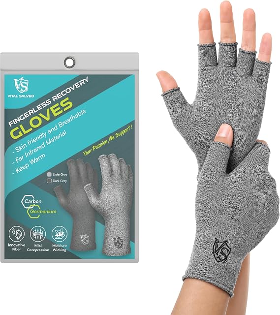 VITAL SALVEO Fingerless Recovery Gloves Stretchy Hands Office Unisex Half Finger Typing Texting Circulation Gloves (Pair)
