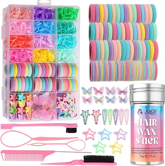 Hair Accessories for Girls, 1350P Colorful Hair Ties with 44P Hair Clips | Glitter Butterfly Hair Clips, Hair Wax Stick, Butterfly Hair Claws, Hair Barrettes with Comb Set&Organizer Box, Ideal Gifts