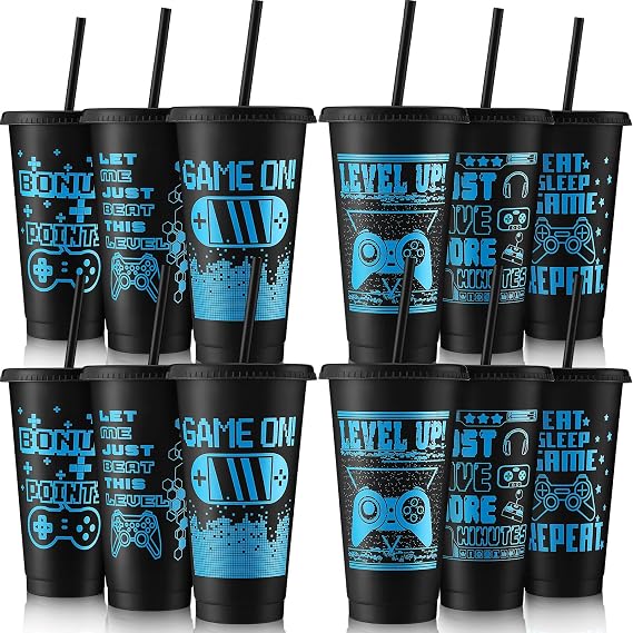 Mifoci 12 Pcs Gaming Gamer Cups with Lids and Straws, Black, Blue