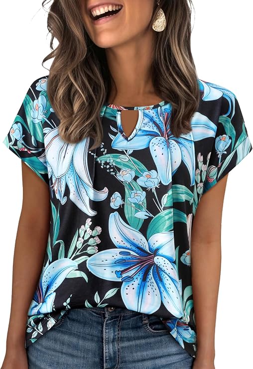 Women Cap Short Sleeve Hawaiian Shirt Luau Party Tropical Floral Tshirt