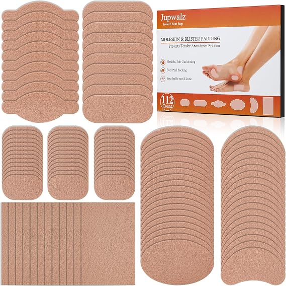 Jupwalz 112 Sheets Moleskin for Blister, 6 Shapes Mole Skin Patch Blister Prevention Tape Moleskin Adhesive Padding Stickers for Feet & Shoes Heels, Efficiently Reduce Friction for Your Skin