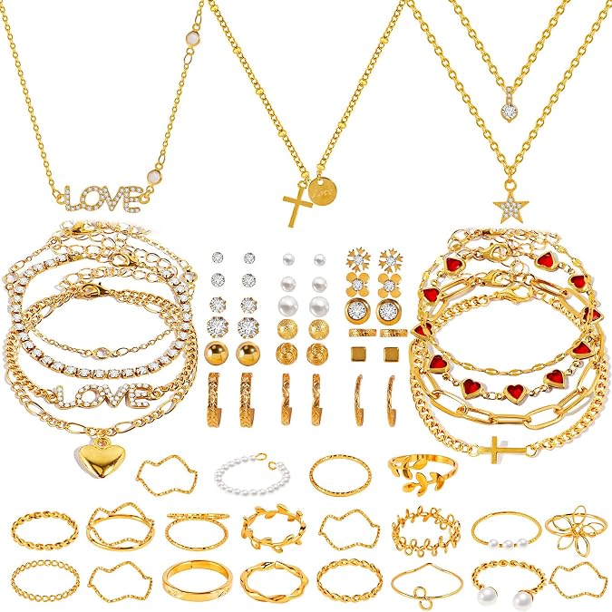 Golden Collection Fashion Jewelry Set Stocking Stuffers, Layered Necklaces, Bracelets, Earrings, Rings, Modern Contemporary Style for Women