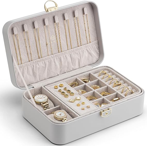 VLANDO 2 Layer Jewelry Box,Jewelry Organizer Storage Lockable Earring Organizer Removable Jewelry Tray with Watch Pillow for Neckable Ring Bracelets-Grey