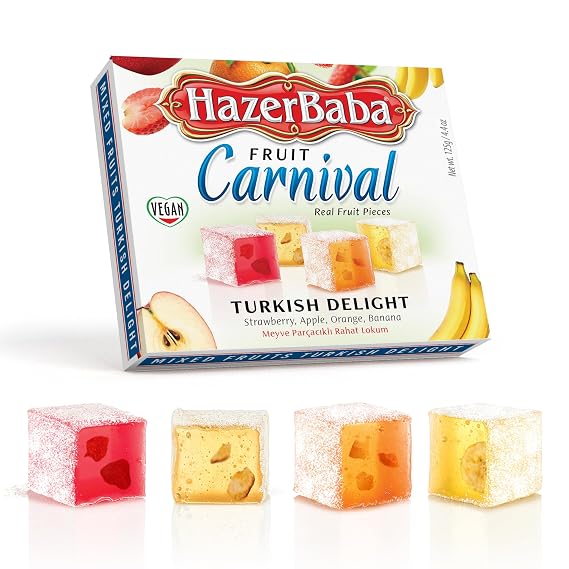 HazerBaba Turkish Delight Candy with Real Fruit Flavors, 4.4oz (Pack of 1)